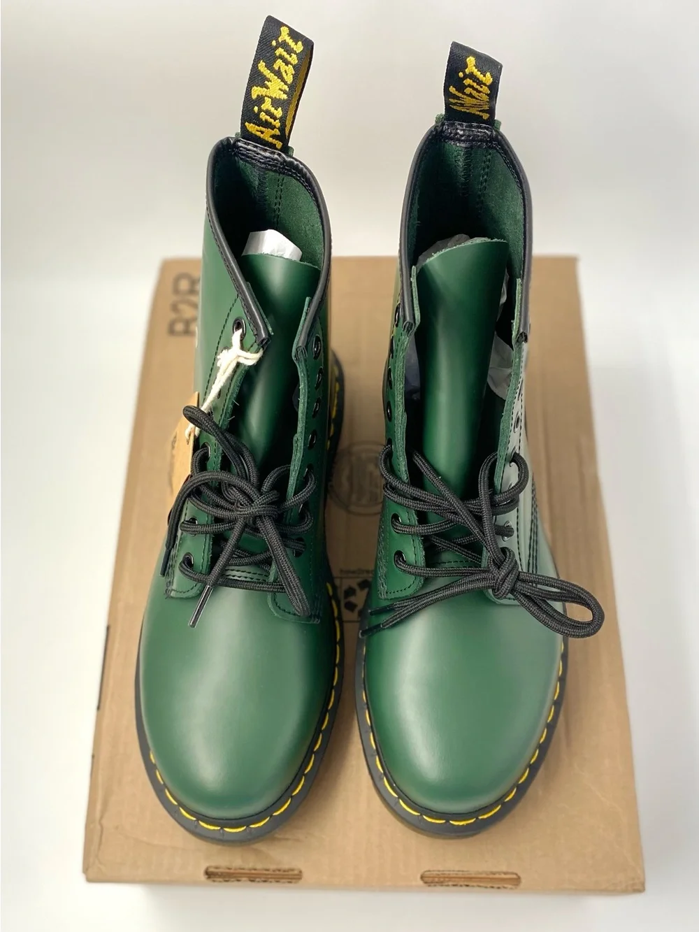 Dr. Marten’s 1460 Green Lace-Up Leather Boots w/ Yellow Stitching, Size 10 Men’s